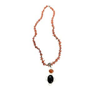 Boho Coral Bead Necklace Carnelian Onyx Pendant Sterling Silver Clasp